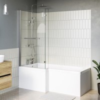 L Shaped Shower Bath with Front Panel & Chrome Bath Screen with Towel Rail, Left Hand 1500 x 850mm - Lomax