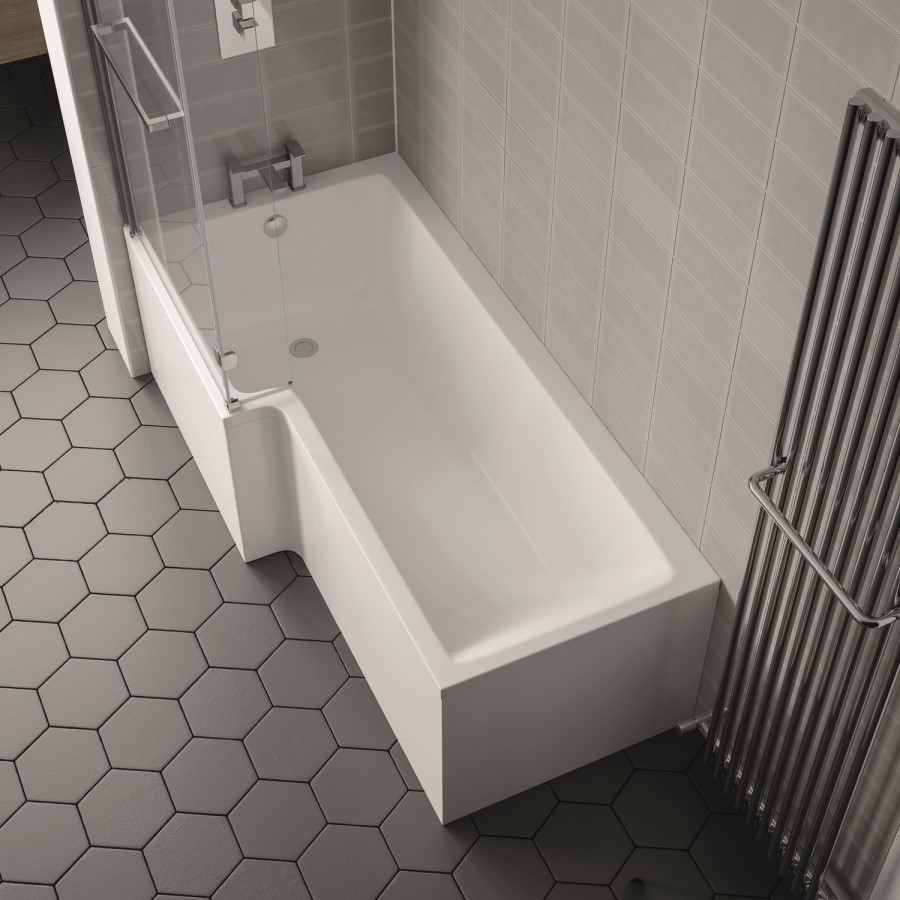 L Shaped Shower Bath with Front Panel & Chrome Bath Screen with Towel Rail, Left Hand 1500 x 850mm - Lomax