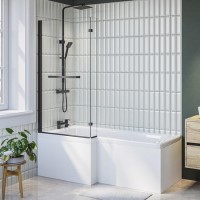L Shaped Shower Bath with Front Panel & Matt Black Bath Screen with Towel Rail, Left Hand 1500 x 850mm - Lomax