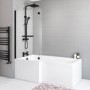 L Shaped Shower Bath with Front Panel & Matt Black Bath Screen with Towel Rail, Left Hand 1500 x 850mm - Lomax