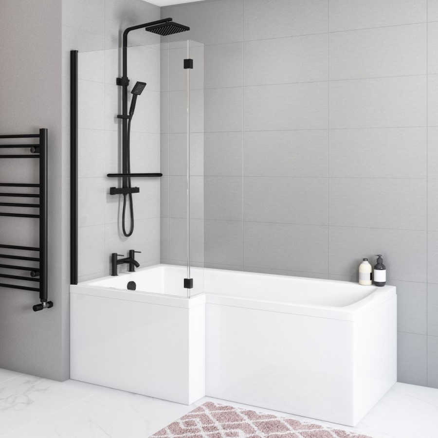 L Shaped Shower Bath with Front Panel & Matt Black Bath Screen with Towel Rail, Left Hand 1500 x 850mm - Lomax