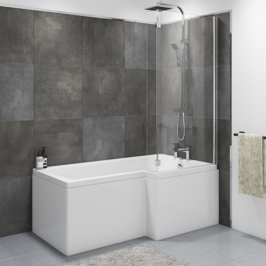 L Shaped Shower Bath with Front Panel & Chome Bath Screen, Right Hand 1500 x 850mm - Lomax