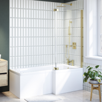 L Shaped Shower Bath with Front Panel & Brushed Brass Bath Screen Right, Hand 1500 x 850mm - Lomax