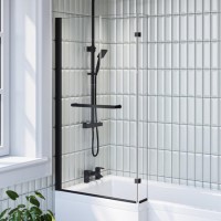 L Shaped Shower Bath with Front Panel & Black Bath Screen with Towel Rail, Left Hand 1700 x 850mm - Lomax