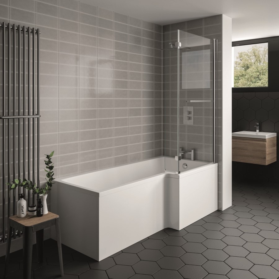 L Shaped Shower Bath with Front Panel & Chrome Bath Screen with Towel Rail, Right Hand 1700 x 850mm - Lomax