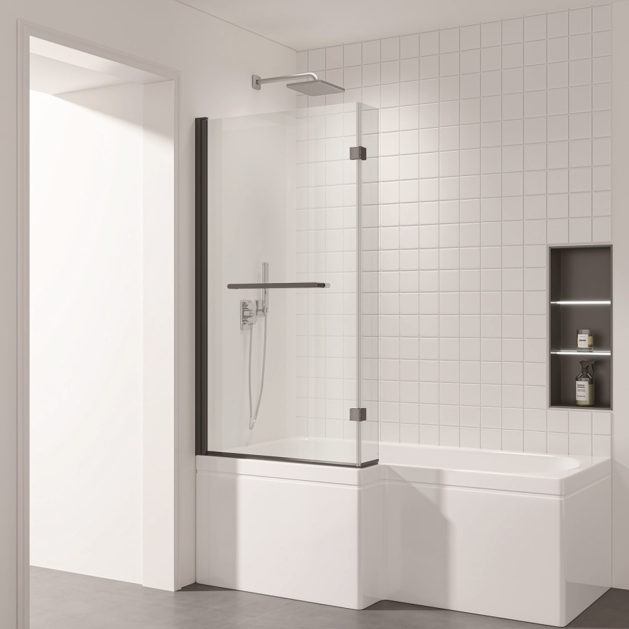 L Shaped Shower Bath with Front Panel & Black Bath Screen with Towel Rail, Right Hand 1700 x 850mm - Lomax