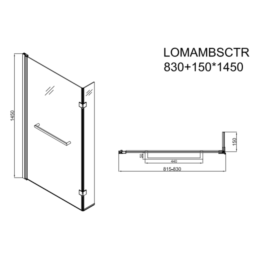 L Shaped Shower Bath with Front Panel & Black Bath Screen with Towel Rail, Right Hand 1700 x 850mm - Lomax