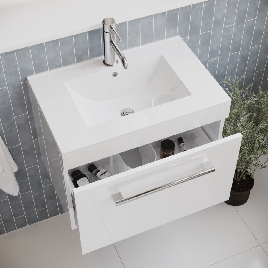 600mm White Wall Hung Vanity Unit with Basin and Chrome Handle - Ashford