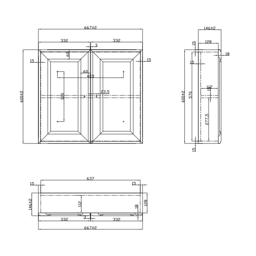Double Door White Bathroom Mirror Cabinet  667 x 600mm - Westbury