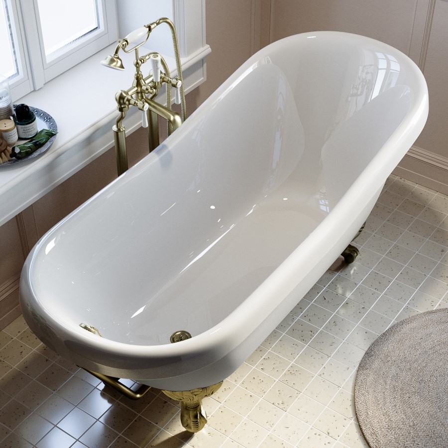 Freestanding Single Ended Roll Top Slipper Bath with Brushed Brass Feet 1615 x 690mm - Park Royal