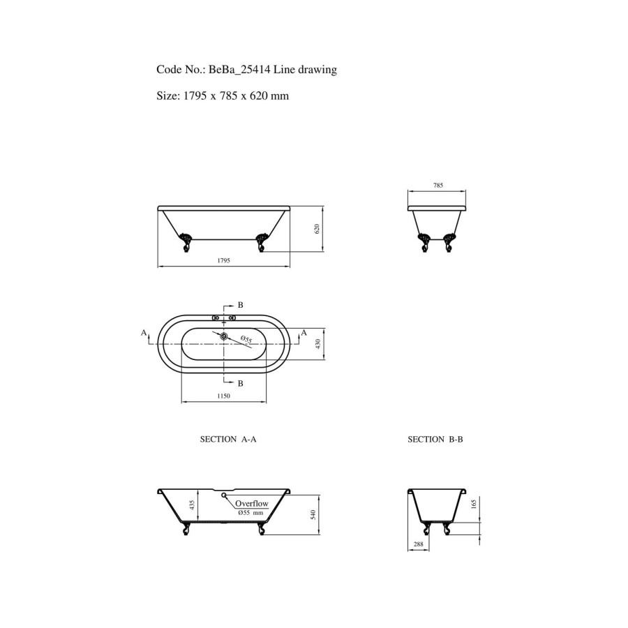 Freestanding Double Ended Roll Top Bath with Black Feet 1795 x 785mm - Park Royal