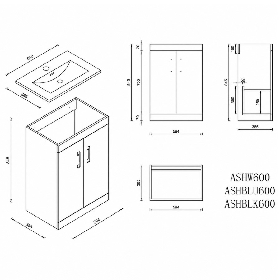 600mm White Freestanding Vanity Unit with Basin and Chrome Handles - Ashford