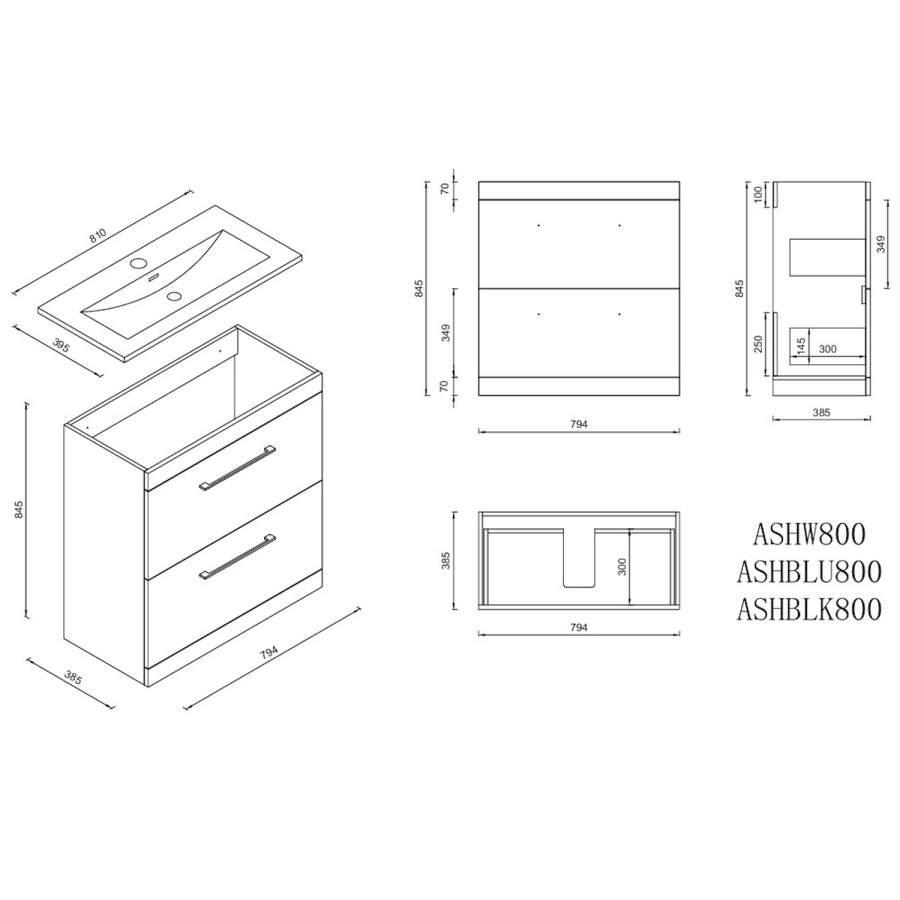 800mm White Freestanding Vanity Unit with Basin and Chrome Handles - Ashford