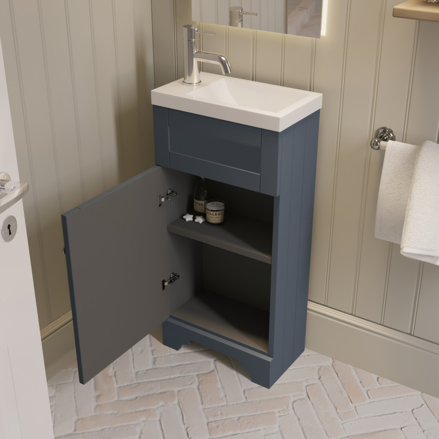 Close Coupled Toilet and Blue Basin Vanity Unit Cloakroom Suite - Baxenden