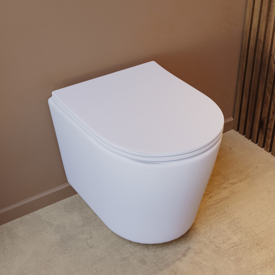 Matt White Wall Hung Rimless Short Projection Toilet with Soft Close Seat – Verona