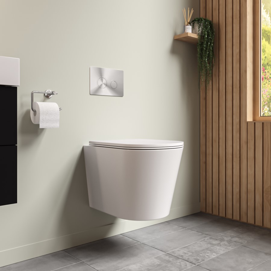 Matt White Wall Hung Rimless Toilet with Soft Close Seat, Chrome Pneumatic Flush Plate, Grohe Frame & Cistern – Verona