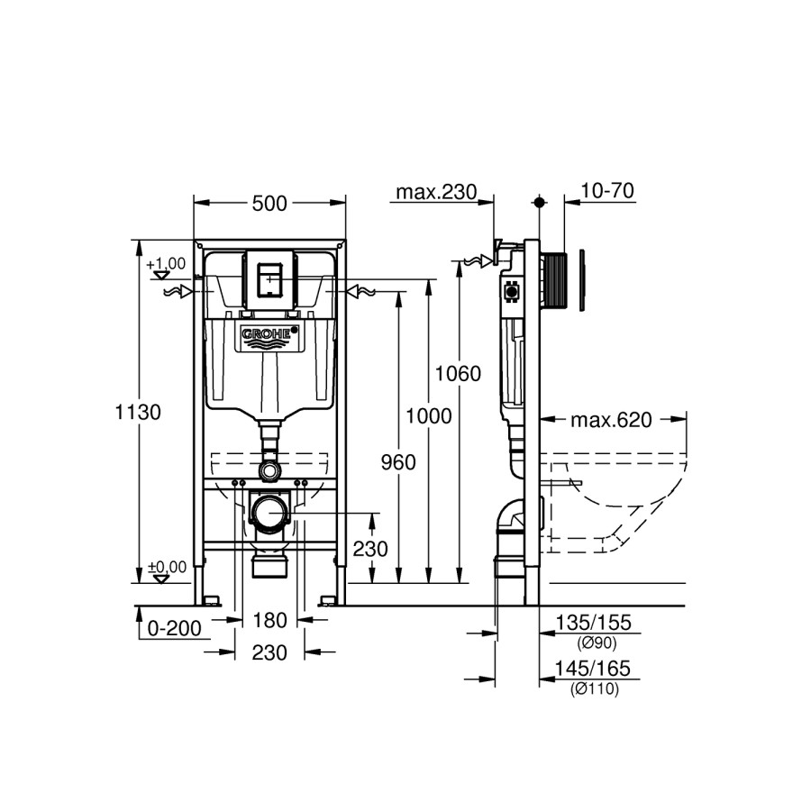 Matt White Wall Hung Rimless Toilet with Soft Close Seat, Chrome Pneumatic Flush Plate, Grohe Frame & Cistern – Verona