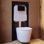 Matt White Wall Hung Rimless Toilet with Soft Close Seat, Black Mechanical Flush Plate, 1168mm Frame & Cistern – Verona