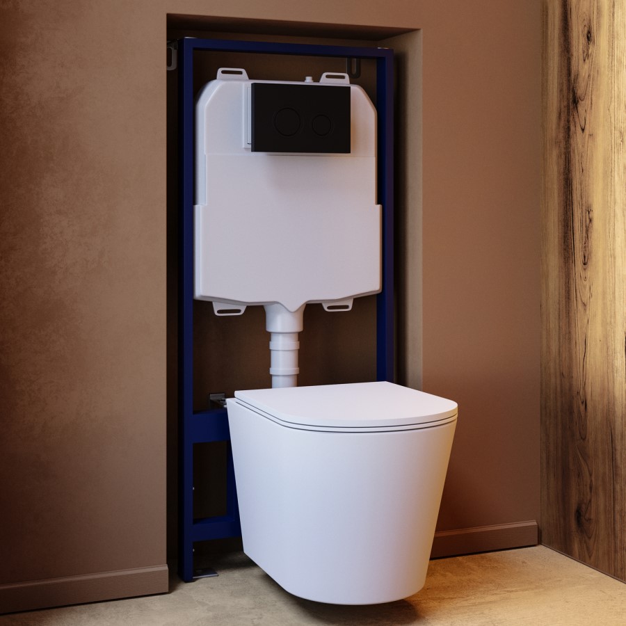 Matt White Wall Hung Rimless Toilet with Soft Close Seat, Black Mechanical Flush Plate, 1168mm Frame & Cistern – Verona