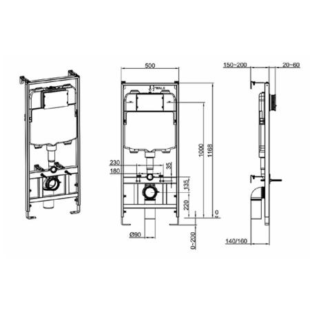 Matt White Wall Hung Rimless Toilet with Soft Close Seat, Black Mechanical Flush Plate, 1168mm Frame & Cistern – Verona