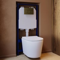Matt White Wall Hung Rimless Toilet with Soft Close Seat, Brushed Brass Mechanical Flush Plate, 1168mm Frame & Cistern – Verona