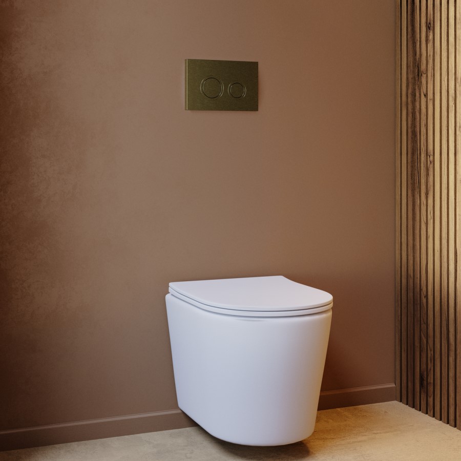 Matt White Wall Hung Rimless Toilet with Soft Close Seat, Brushed Brass Mechanical Flush Plate, 1168mm Frame & Cistern – Verona