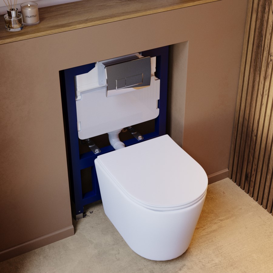 Matt White Wall Hung Rimless Toilet with Soft Close Seat, Chrome Pneumatic Flush Plate, 820mm Frame & Cistern – Verona
