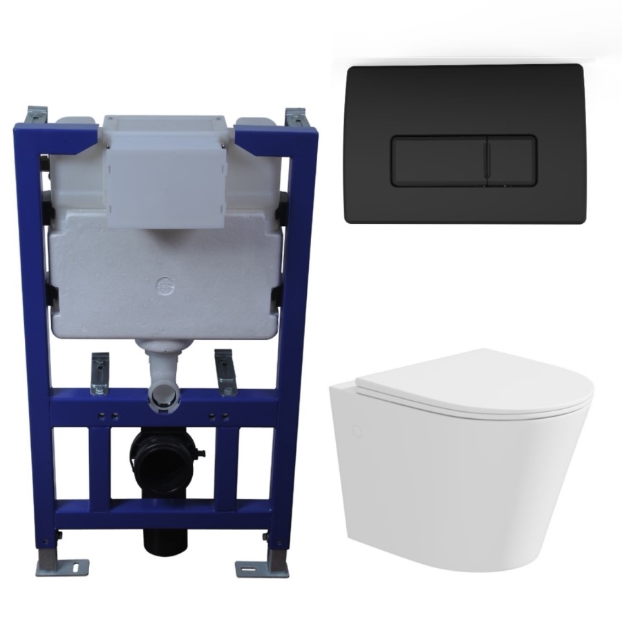 Matt White Wall Hung Rimless Toilet with Soft Close Seat, Black Pneumatic Flush Plate, 820mm Frame & Cistern – Verona