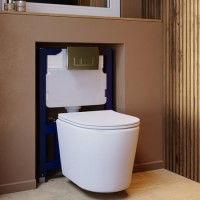 Matt White Wall Hung Rimless Toilet with Soft Close Seat, Brushed Brass Pneumatic Flush Plate, 820mm Frame & Cistern – Verona