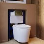 Matt White Wall Hung Rimless Toilet with Soft Close Seat, Brushed Brass Pneumatic Flush Plate, 820mm Frame & Cistern – Verona