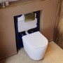Matt White Wall Hung Rimless Toilet with Soft Close Seat, Brushed Brass Pneumatic Flush Plate, 820mm Frame & Cistern – Verona