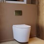 Matt White Wall Hung Rimless Toilet with Soft Close Seat, Brushed Brass Pneumatic Flush Plate, 820mm Frame & Cistern – Verona