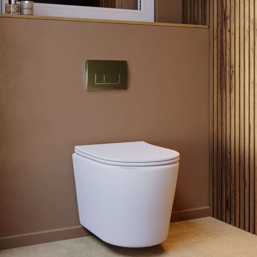 Matt White Wall Hung Rimless Toilet with Soft Close Seat, Brushed Brass Pneumatic Flush Plate, 820mm Frame & Cistern – Verona