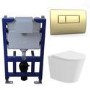 Matt White Wall Hung Rimless Toilet with Soft Close Seat, Brushed Brass Pneumatic Flush Plate, 820mm Frame & Cistern – Verona