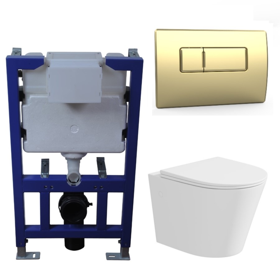 Matt White Wall Hung Rimless Toilet with Soft Close Seat, Brushed Brass Pneumatic Flush Plate, 820mm Frame & Cistern – Verona