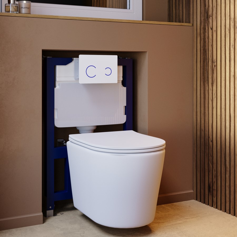 Matt White Wall Hung Rimless Toilet with Soft Close Seat, White Glass Sensor Flush Plate, 820mm Frame & Cistern – Verona