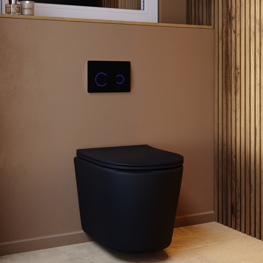 Matt White Wall Hung Rimless Toilet with Soft Close Seat, Black Glass Sensor Flush Plate, 820mm Frame & Cistern – Verona