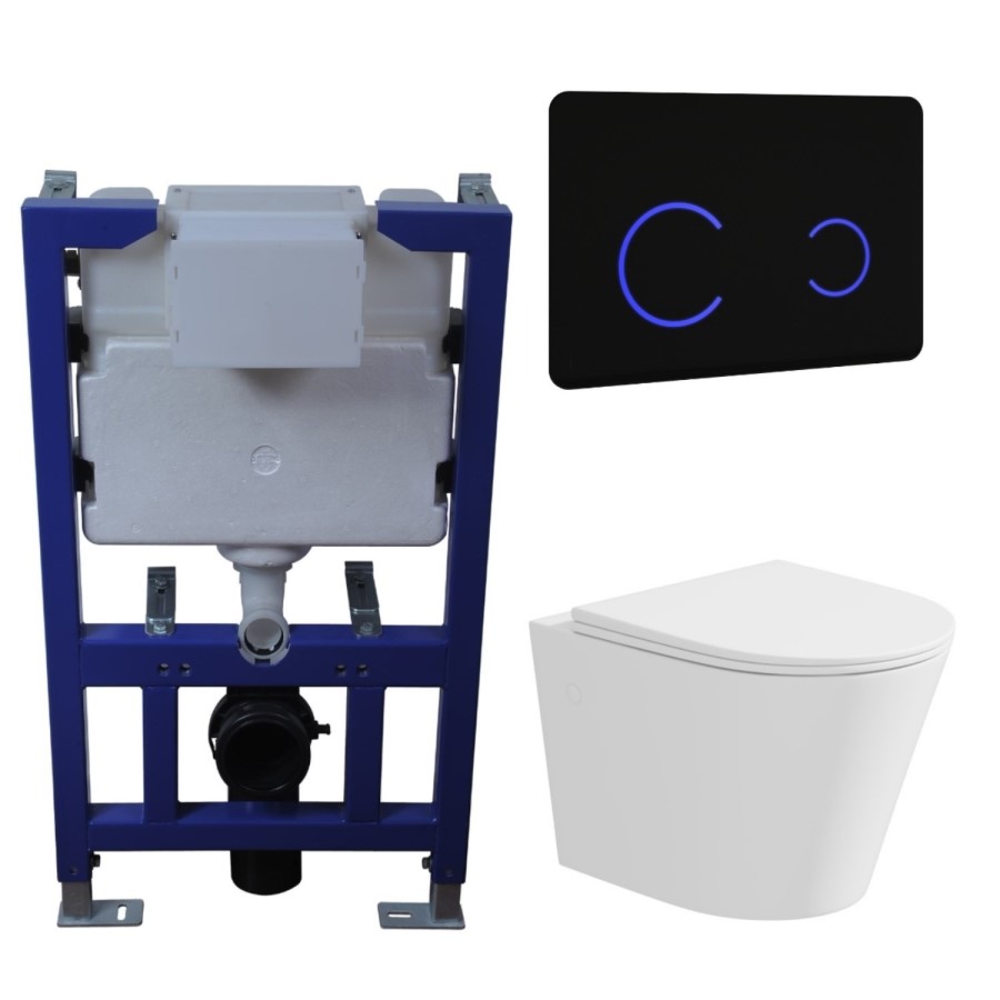 Matt White Wall Hung Rimless Toilet with Soft Close Seat, Black Glass Sensor Flush Plate, 820mm Frame & Cistern – Verona