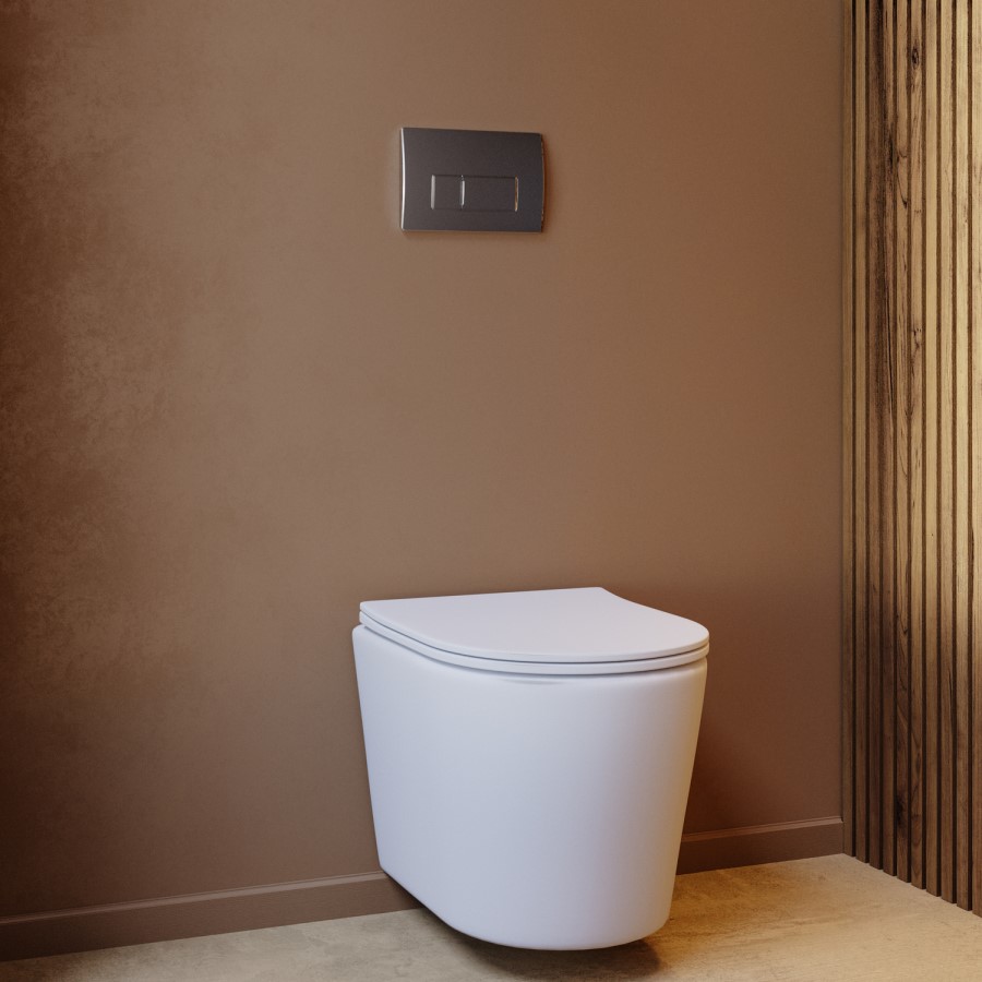 Matt White Wall Hung Rimless Toilet with Soft Close Seat, Chrome Pneumatic Flush Plate, 1168mm Frame & Cistern – Verona