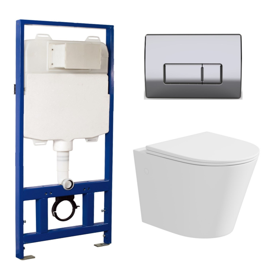 Matt White Wall Hung Rimless Toilet with Soft Close Seat, Chrome Pneumatic Flush Plate, 1168mm Frame & Cistern – Verona