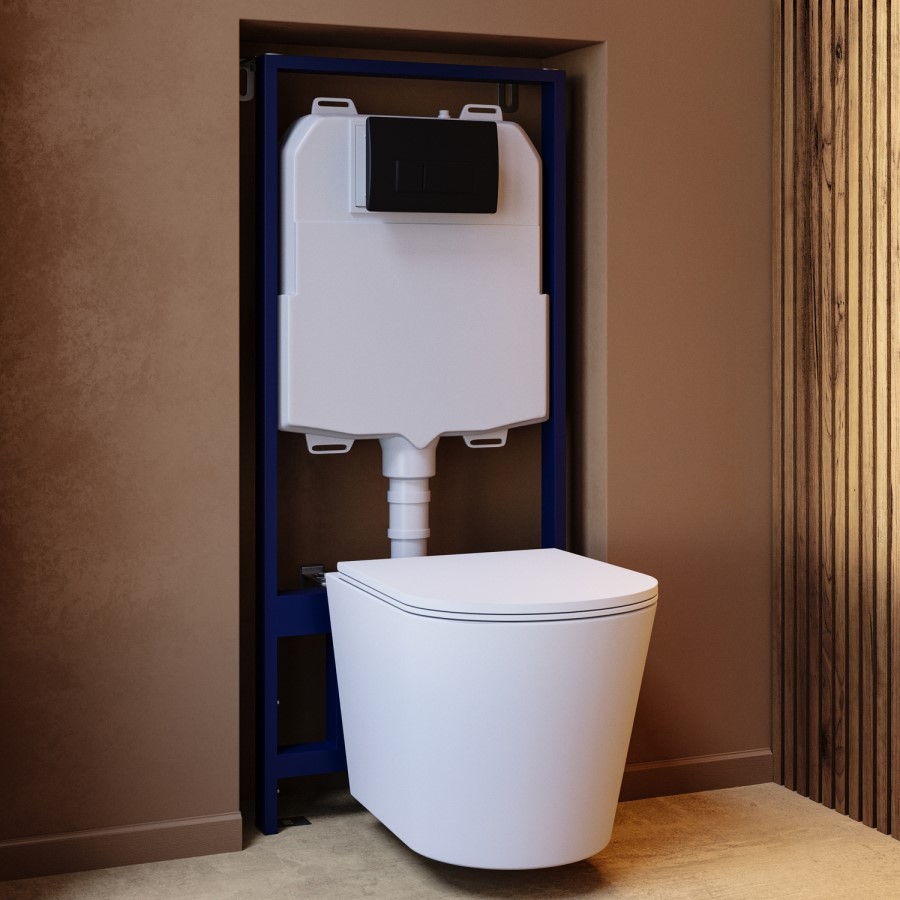 Matt White Wall Hung Rimless Toilet with  Soft Close Seat, Black Pneumatic Flush Plate, 1168mm Frame & Cistern – Verona