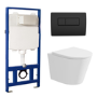 Matt White Wall Hung Rimless Toilet with  Soft Close Seat, Black Pneumatic Flush Plate, 1168mm Frame & Cistern – Verona