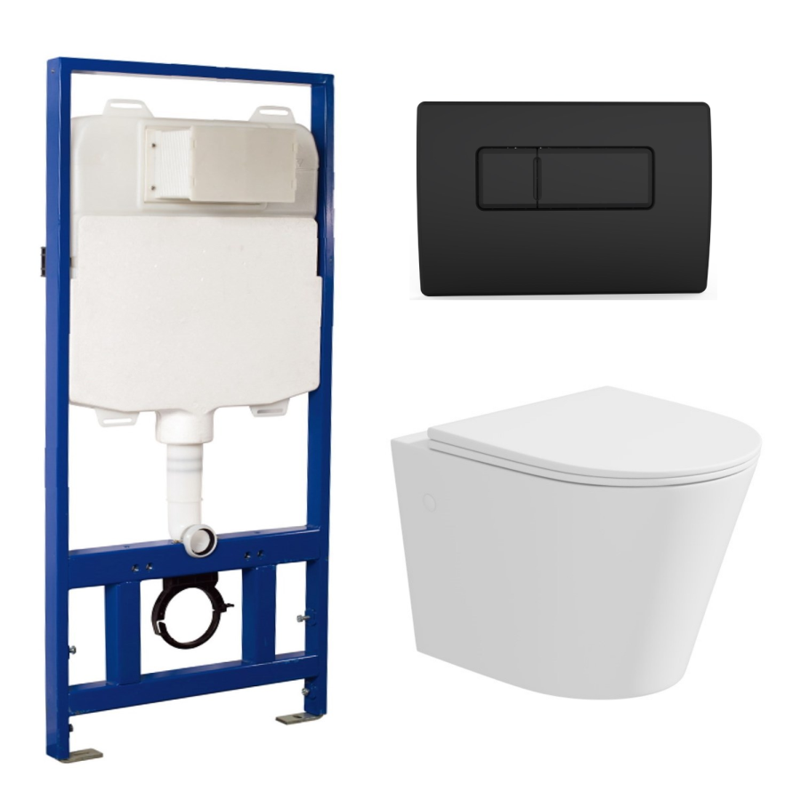Matt White Wall Hung Rimless Toilet with  Soft Close Seat, Black Pneumatic Flush Plate, 1168mm Frame & Cistern – Verona