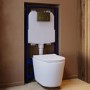 Matt White Wall Hung Rimless Toilet with Soft Close Seat, Brushed Brass Pneumatic Flush Plate, 1168mm Frame & Cistern – Verona