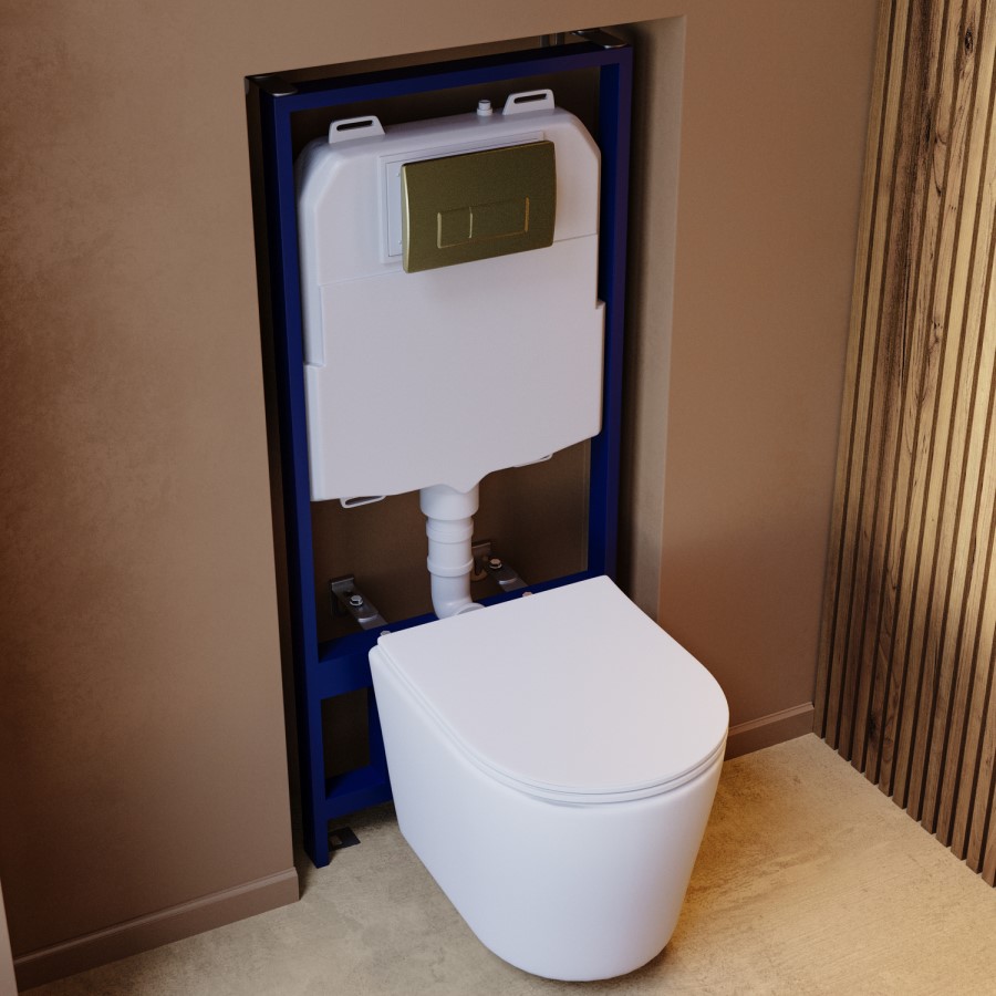Matt White Wall Hung Rimless Toilet with Soft Close Seat, Brushed Brass Pneumatic Flush Plate, 1168mm Frame & Cistern – Verona