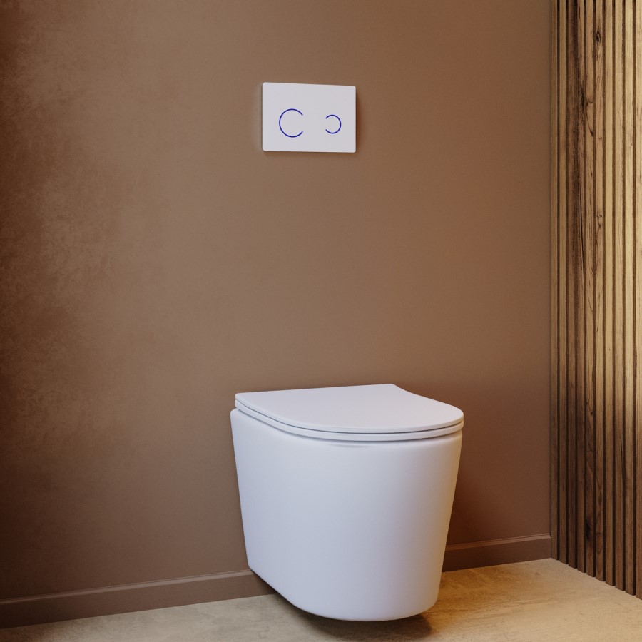 Matt White Wall Hung Rimless Toilet with Soft Close Seat, White Glass Sensor Flush Plate, 1168mm Frame & Cistern – Verona