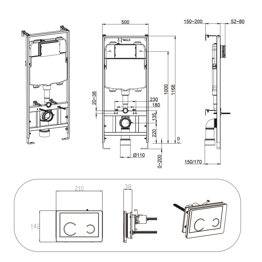 Matt White Wall Hung Rimless Toilet with Soft Close Seat, White Glass Sensor Flush Plate, 1168mm Frame & Cistern – Verona