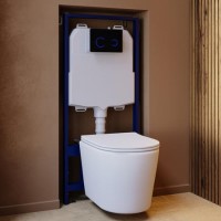 Matt White Wall Hung Rimless Toilet with Soft Close Seat, Black Glass Sensor Flush Plate, 1168mm Frame & Cistern – Verona