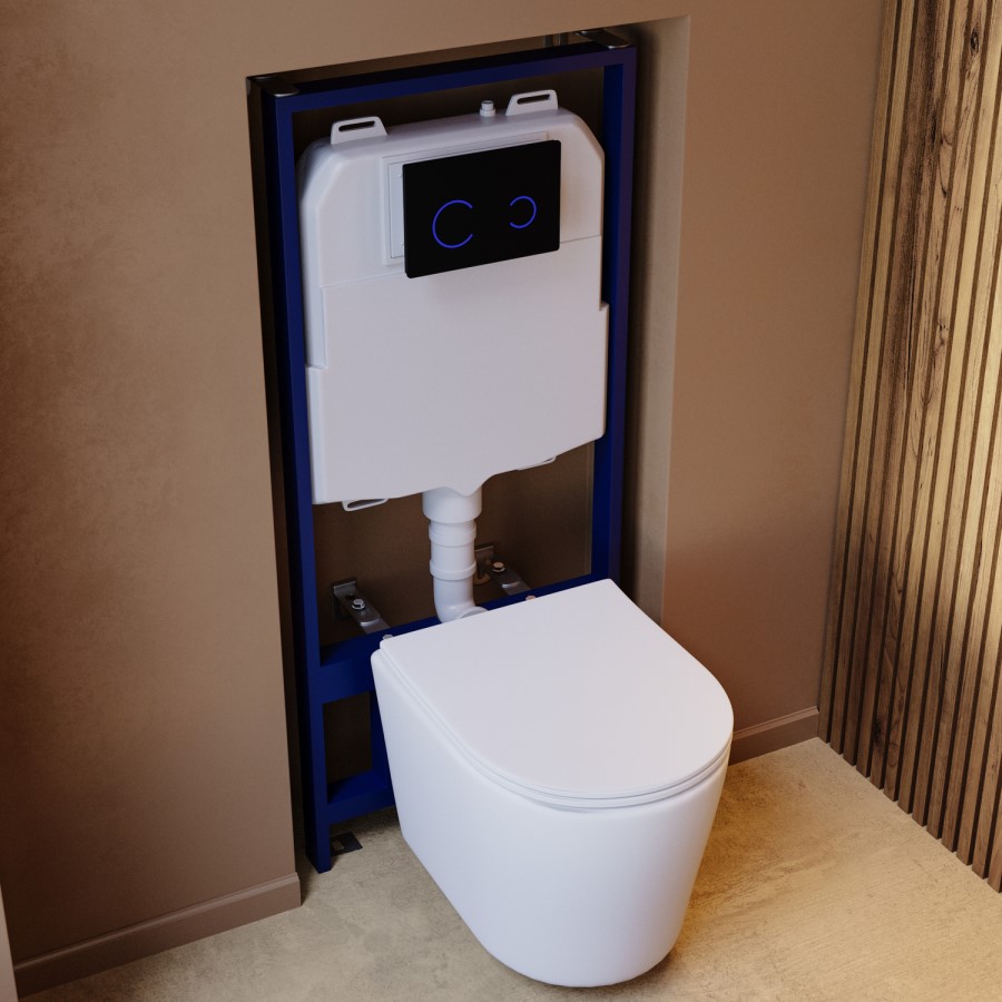 Matt White Wall Hung Rimless Toilet with Soft Close Seat, Black Glass Sensor Flush Plate, 1168mm Frame & Cistern – Verona