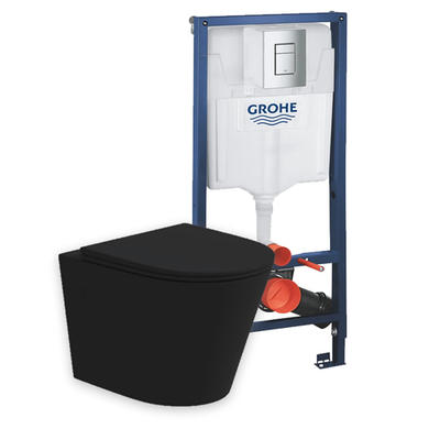 Matt Black Wall Hung Toilet with Soft Close Seat Frame Cistern and Chrome Flush - Verona